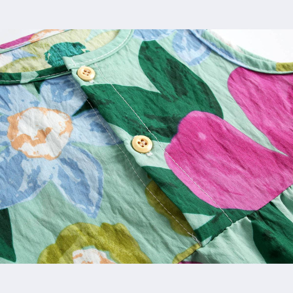 Baby Girl Floral Print Pattern Buttoned Design Sleeveless Rompers
