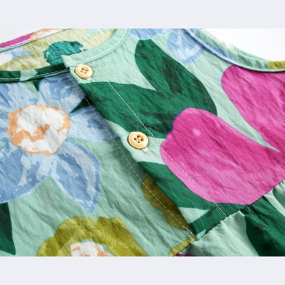 Baby Girl Floral Print Pattern Buttoned Design Sleeveless Rompers