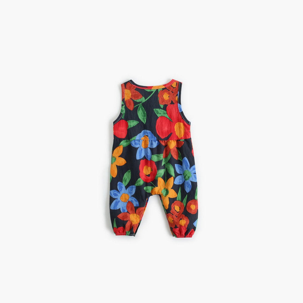 Baby Girl Floral Print Pattern Buttoned Design Sleeveless Rompers