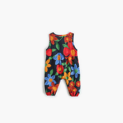 Baby Girl Floral Print Pattern Buttoned Design Sleeveless Rompers