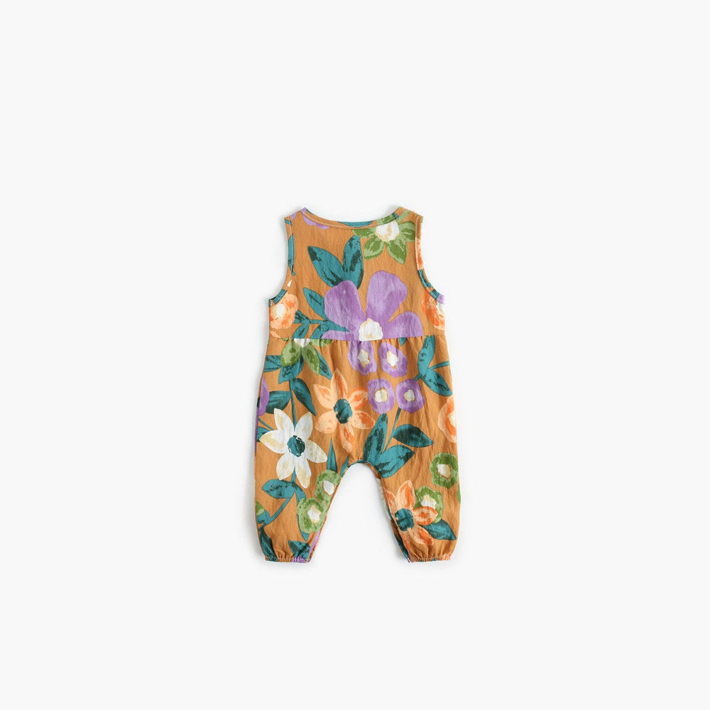 Baby Girl Floral Print Pattern Buttoned Design Sleeveless Rompers