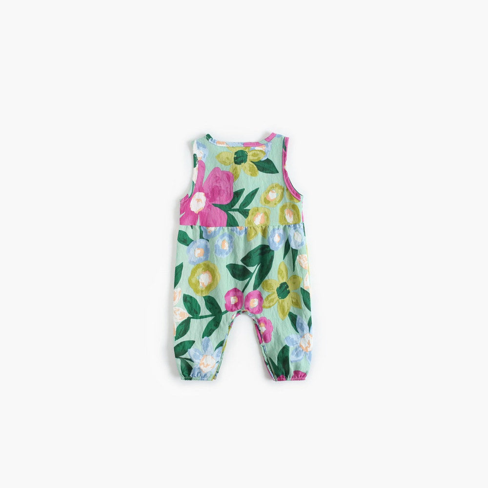 Baby Girl Floral Print Pattern Buttoned Design Sleeveless Rompers