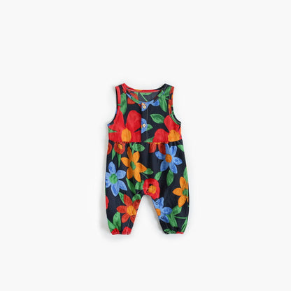 Baby Girl Floral Print Pattern Buttoned Design Sleeveless Rompers