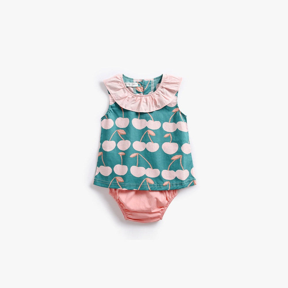MyKids-USA® Baby Girl Cherry Print Ruffle Design O-Neck Tops Combo Shorts Sets