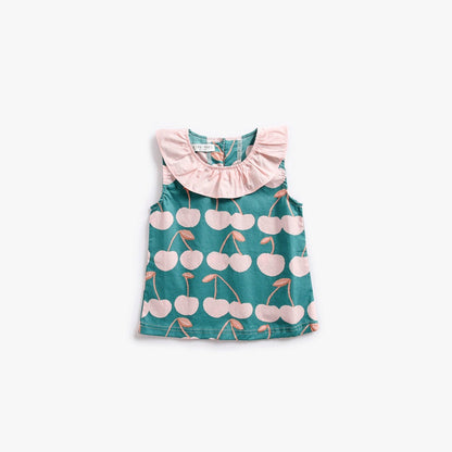 MyKids-USA® Baby Girl Cherry Print Ruffle Design O-Neck Tops Combo Shorts Sets