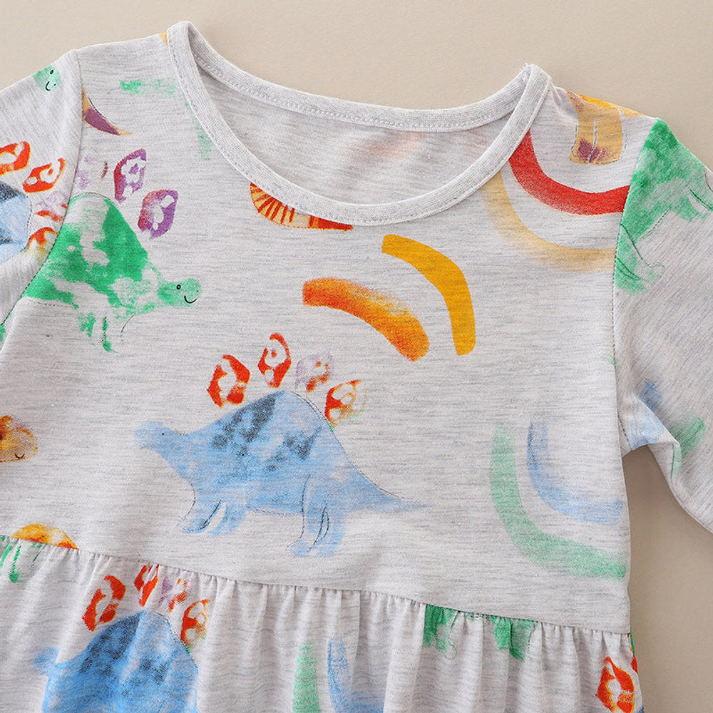MyKids-USA® Baby Girl Dinosaur Print Pattern Long Sleeve Dress