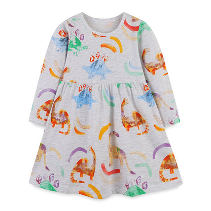 MyKids-USA® Baby Girl Dinosaur Print Pattern Long Sleeve Dress