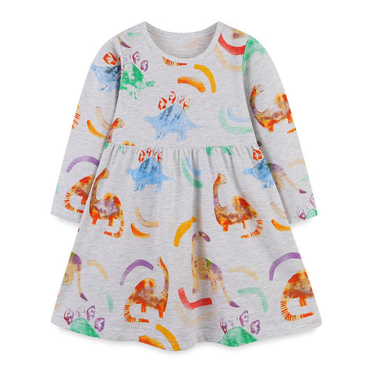 MyKids-USA® Baby Girl Dinosaur Print Pattern Long Sleeve Dress