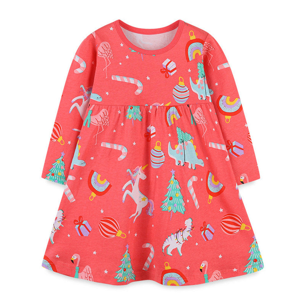 MyKids-USA® Baby Girl Cartoon Print Pattern Western Style Loose Christmas Dress