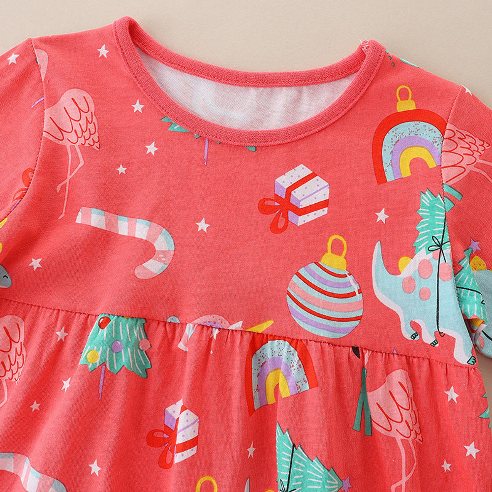 MyKids-USA® Baby Girl Cartoon Print Pattern Western Style Loose Christmas Dress