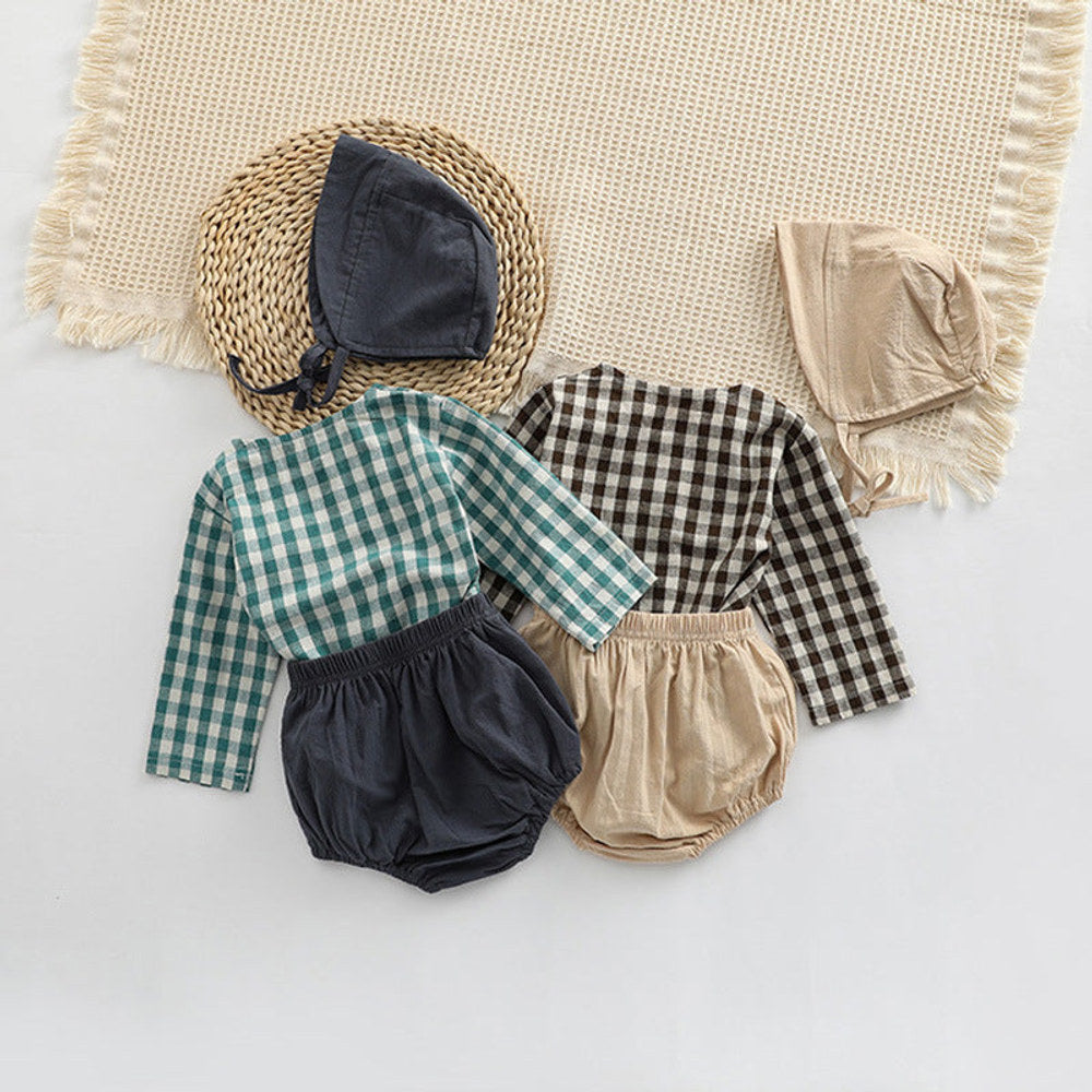 MyKids-USA® Baby Plaid Graphic Tops And Solid Shorts With Hat One Pieces Sets