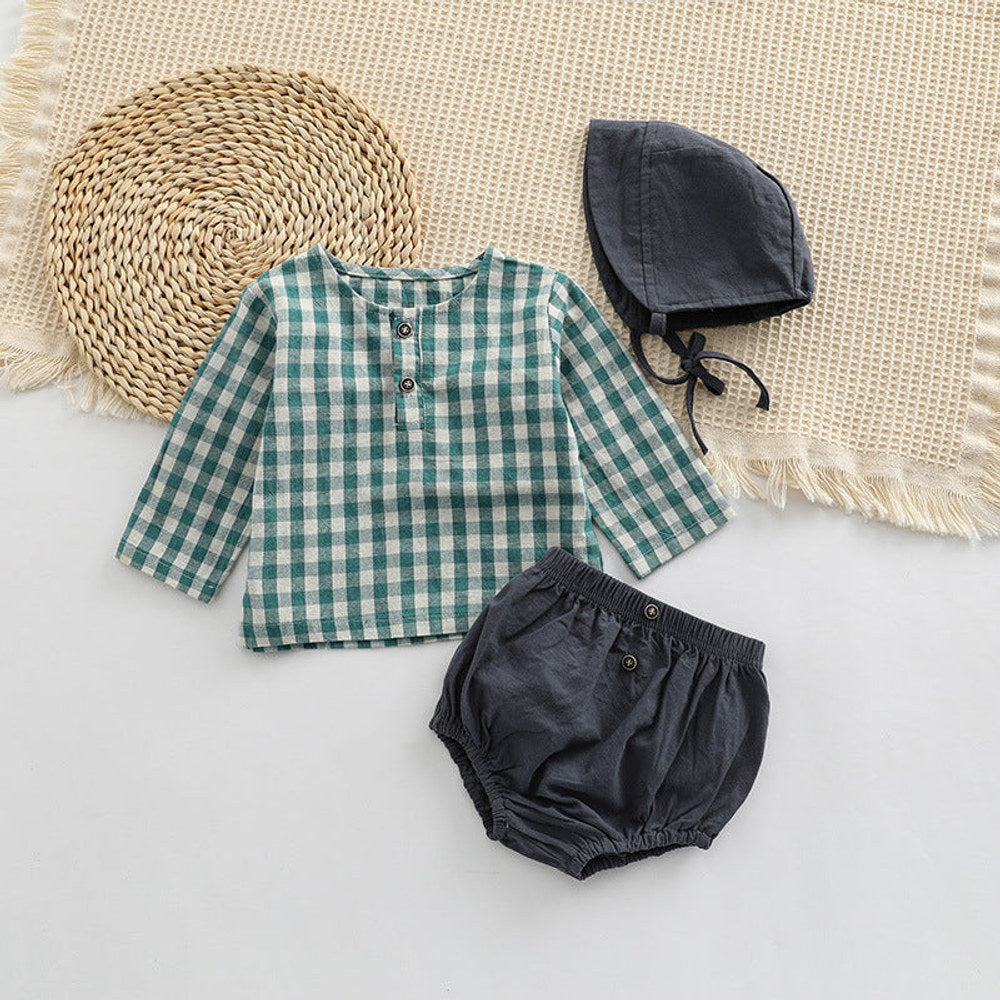 MyKids-USA® Baby Plaid Graphic Tops And Solid Shorts With Hat One Pieces Sets