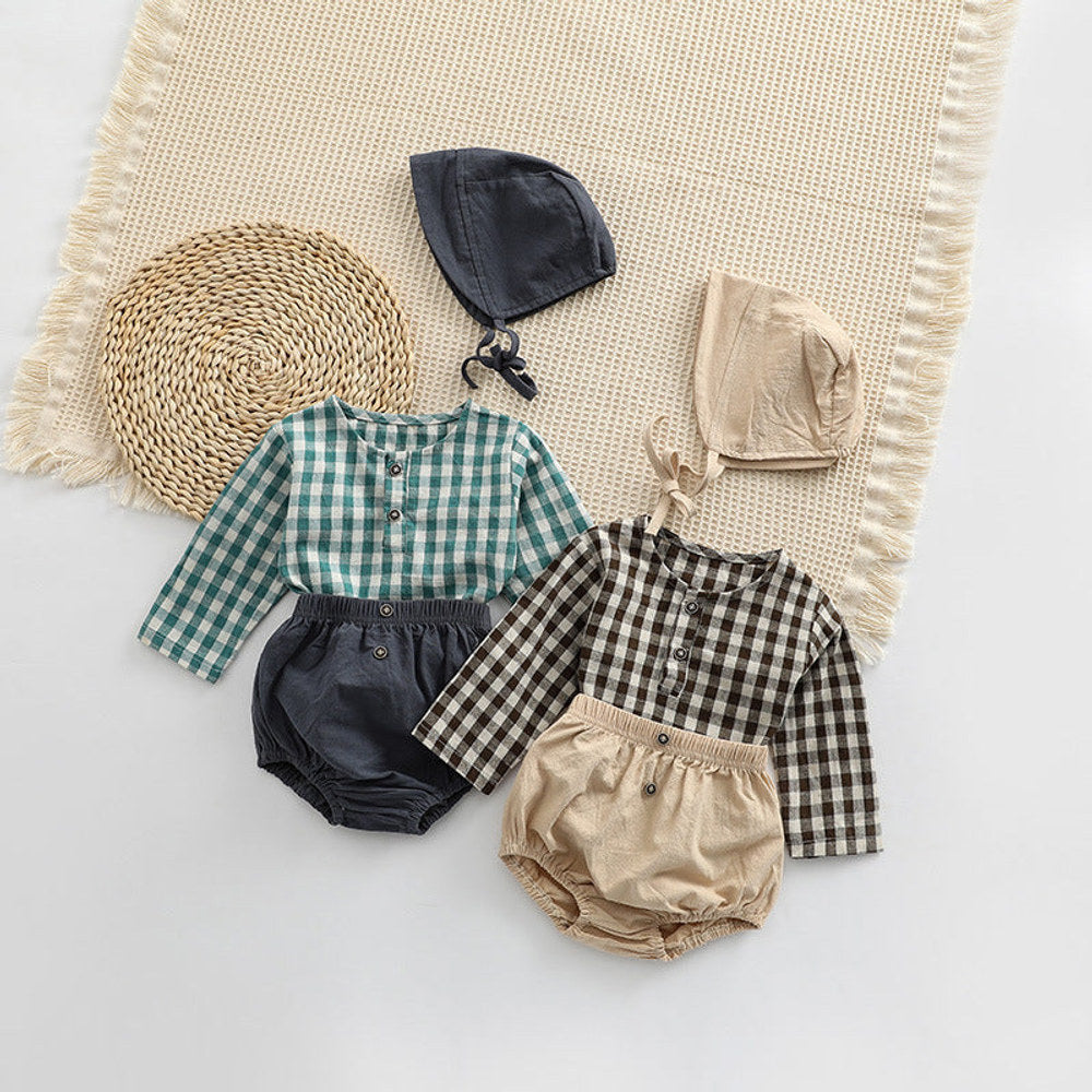 MyKids-USA® Baby Plaid Graphic Tops And Solid Shorts With Hat One Pieces Sets