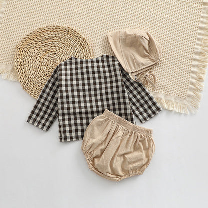 MyKids-USA® Baby Plaid Graphic Tops And Solid Shorts With Hat One Pieces Sets