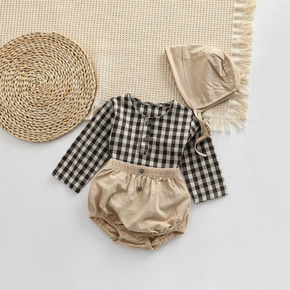MyKids-USA® Baby Plaid Graphic Tops And Solid Shorts With Hat One Pieces Sets