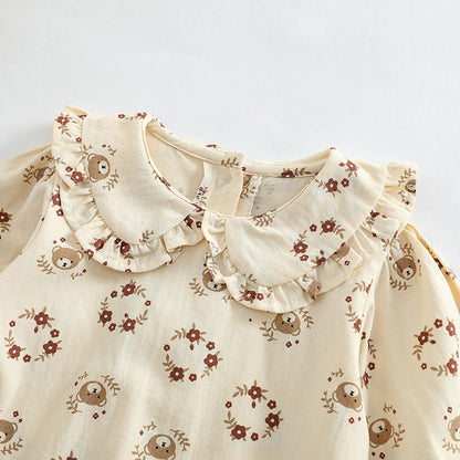 MyKids-USA® Baby Girl Flower Bear Print Pattern Doll Neck Sweet Bodysuit