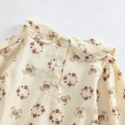 MyKids-USA® Baby Girl Flower Bear Print Pattern Doll Neck Sweet Bodysuit