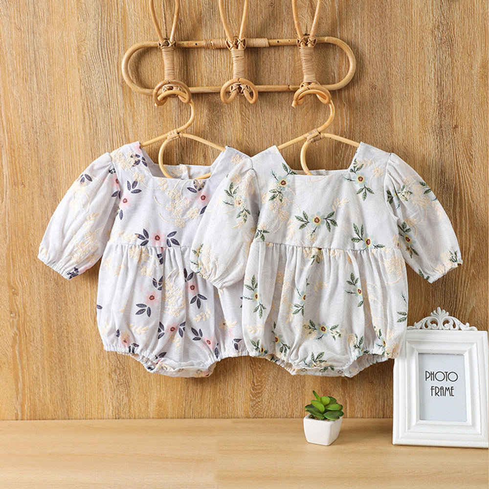 MyKids-USA® Baby Girl Floral Embroidered Pattern Square Collar Bodysuit