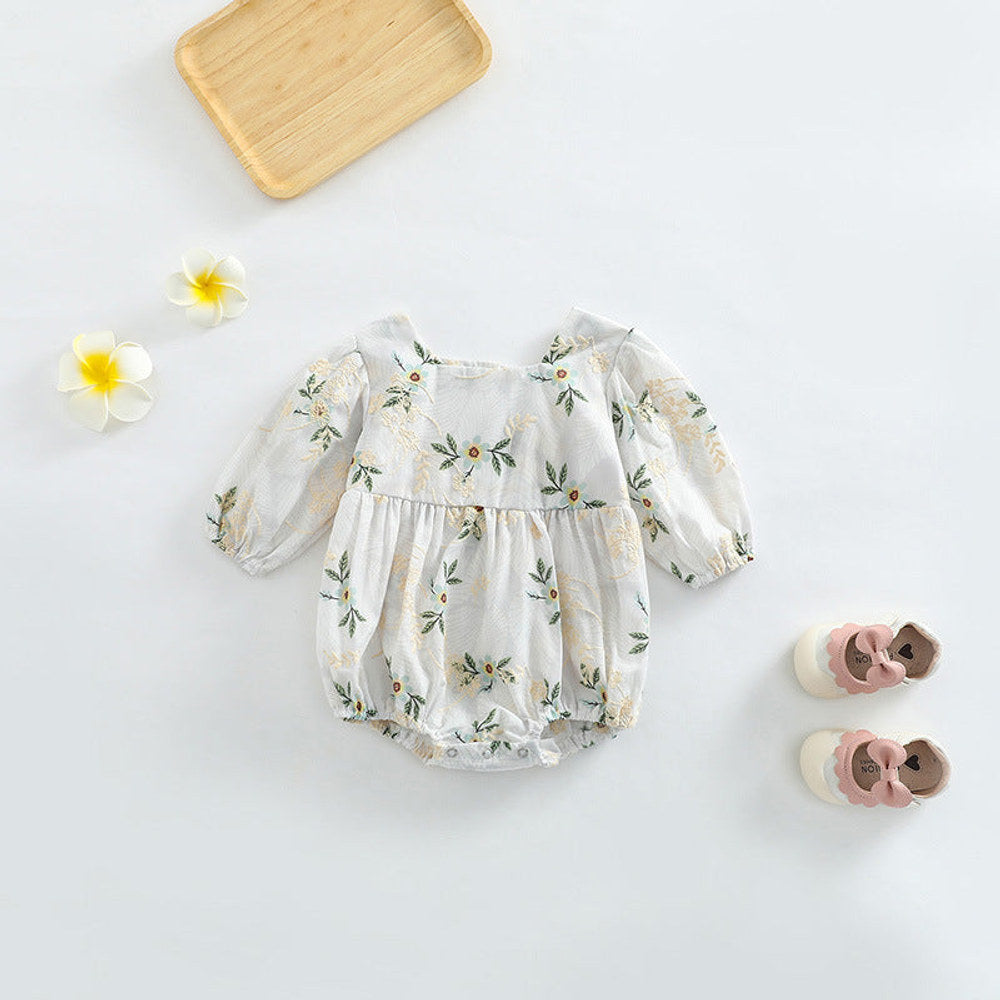 MyKids-USA® Baby Girl Floral Embroidered Pattern Square Collar Bodysuit