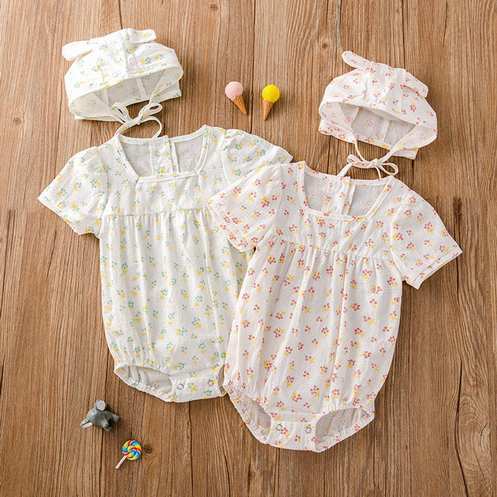 MyKids-USA® Baby Girl Floral Print Square Collar bodysuit With Hat