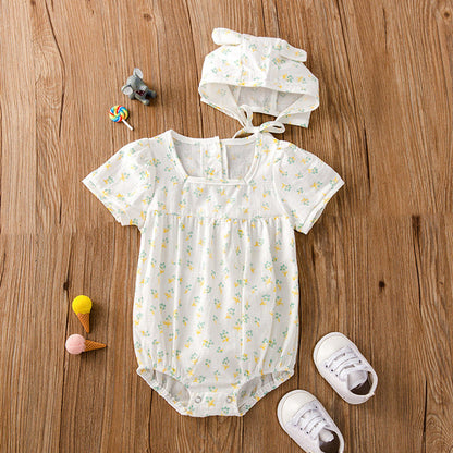 MyKids-USA® Baby Girl Floral Print Square Collar bodysuit With Hat