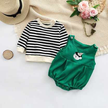 MyKids-USA® Baby Striped Pattern Shirt Combo Cartoon Graphic Corduroy Fabric Strap bodysuit Sets