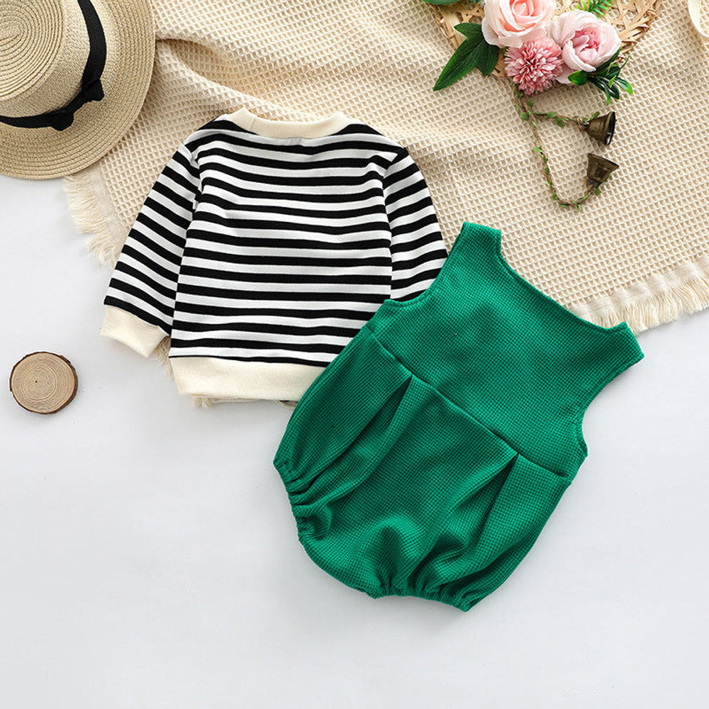 MyKids-USA® Baby Striped Pattern Shirt Combo Cartoon Graphic Corduroy Fabric Strap bodysuit Sets