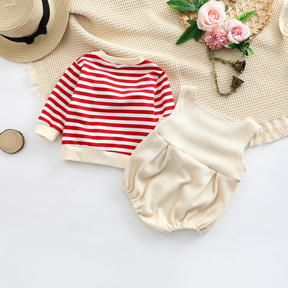 MyKids-USA® Baby Striped Pattern Shirt Combo Cartoon Graphic Corduroy Fabric Strap bodysuit Sets