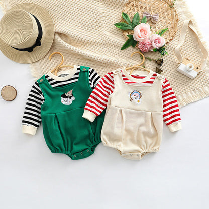 MyKids-USA® Baby Striped Pattern Shirt Combo Cartoon Graphic Corduroy Fabric Strap bodysuit Sets
