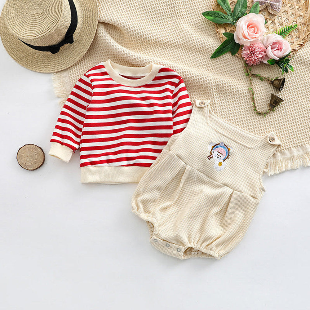 MyKids-USA® Baby Striped Pattern Shirt Combo Cartoon Graphic Corduroy Fabric Strap bodysuit Sets