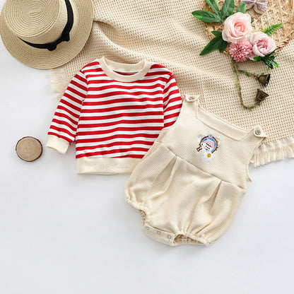 MyKids-USA® Baby Striped Pattern Shirt Combo Cartoon Graphic Corduroy Fabric Strap bodysuit Sets