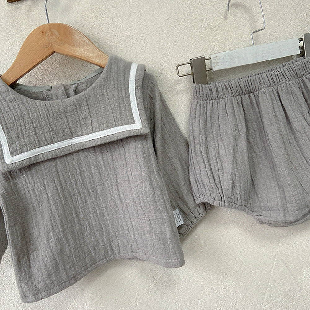 MyKids-USA® Baby Girl Solid Color Big Lapel Design Shirt Combo Shorts Sailor Style Sets