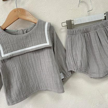 MyKids-USA® Baby Girl Solid Color Big Lapel Design Shirt Combo Shorts Sailor Style Sets