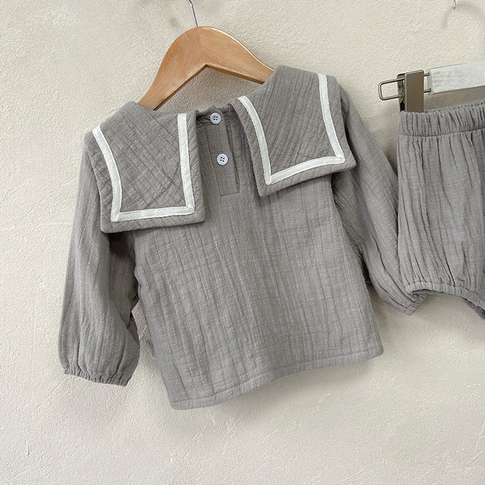 MyKids-USA® Baby Girl Solid Color Big Lapel Design Shirt Combo Shorts Sailor Style Sets