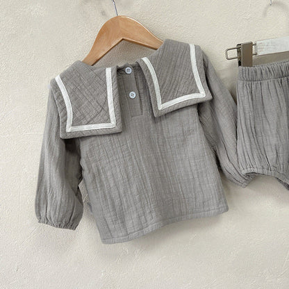 MyKids-USA® Baby Girl Solid Color Big Lapel Design Shirt Combo Shorts Sailor Style Sets