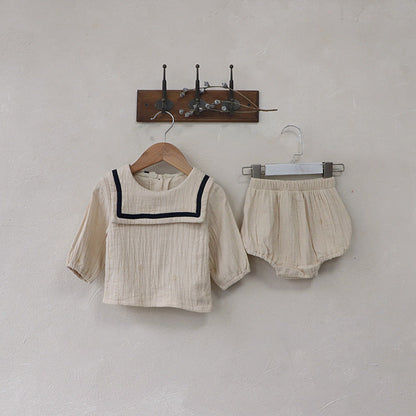 MyKids-USA® Baby Girl Solid Color Big Lapel Design Shirt Combo Shorts Sailor Style Sets
