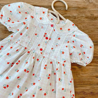 MyKids-USA® Baby Girl Floral Print Lace Patchwork Design Doll-Collar bodysuit