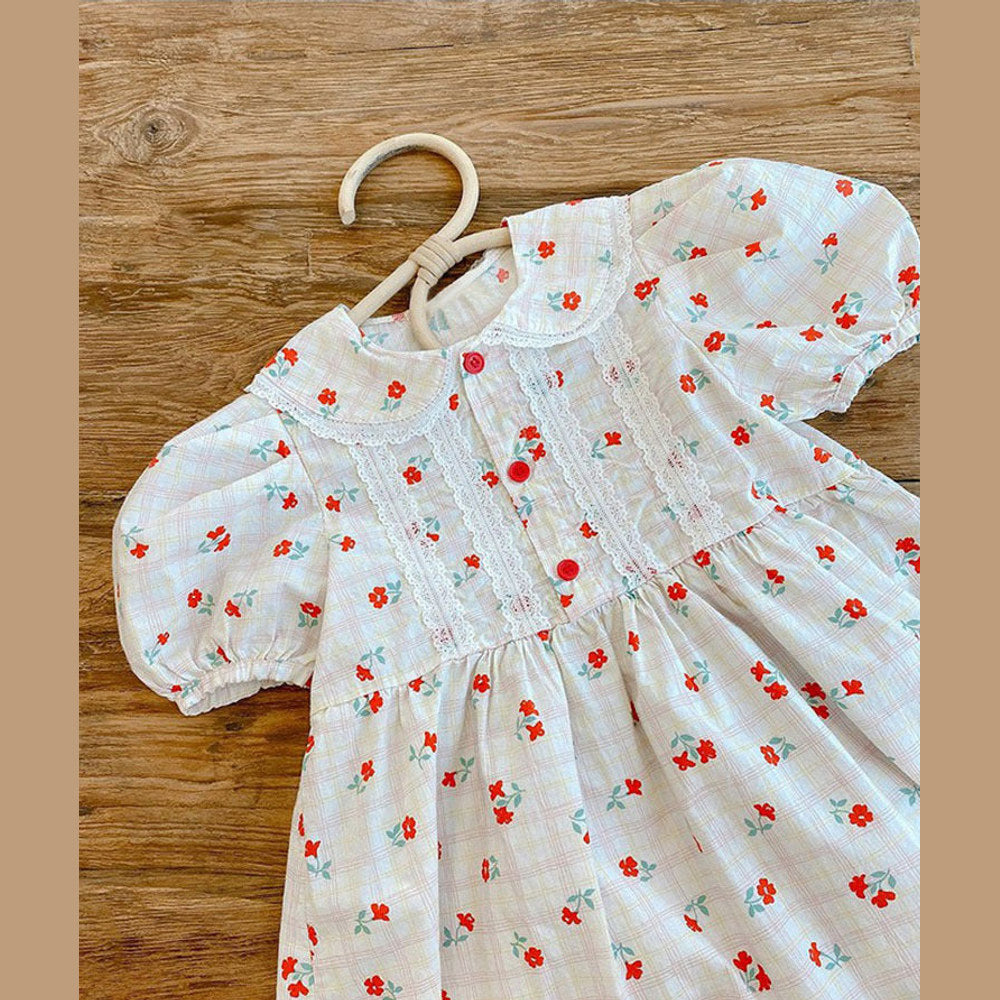 MyKids-USA® Baby Girl Floral Print Lace Patchwork Design Doll-Collar bodysuit