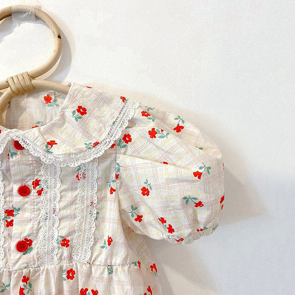 MyKids-USA® Baby Girl Floral Print Lace Patchwork Design Doll-Collar bodysuit