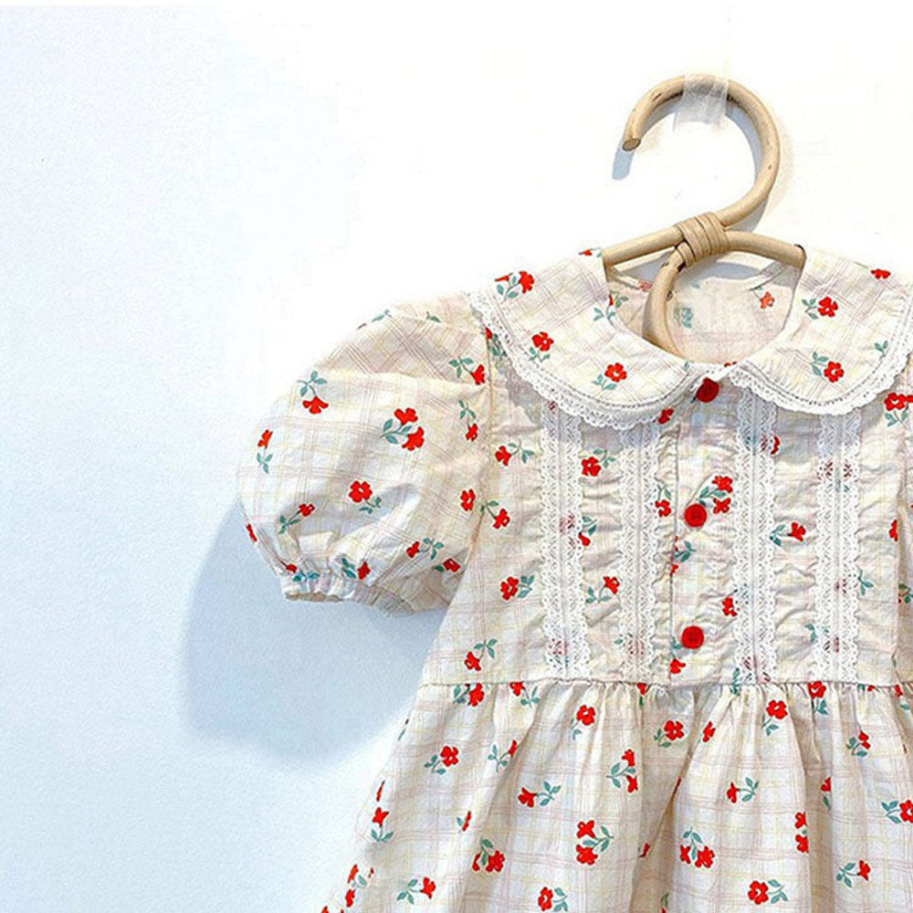 MyKids-USA® Baby Girl Floral Print Lace Patchwork Design Doll-Collar bodysuit