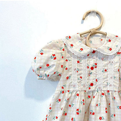MyKids-USA® Baby Girl Floral Print Lace Patchwork Design Doll-Collar bodysuit