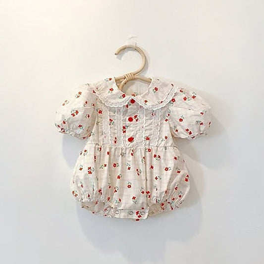 Baby Girl Floral Print Lace Patchwork Design Doll-Collar bodysuit