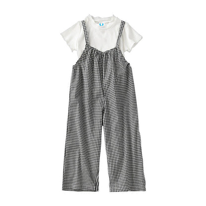 MyKids-USA® Baby Girl Solid Color Tops Combo Plaid Pattern Overalls Sets
