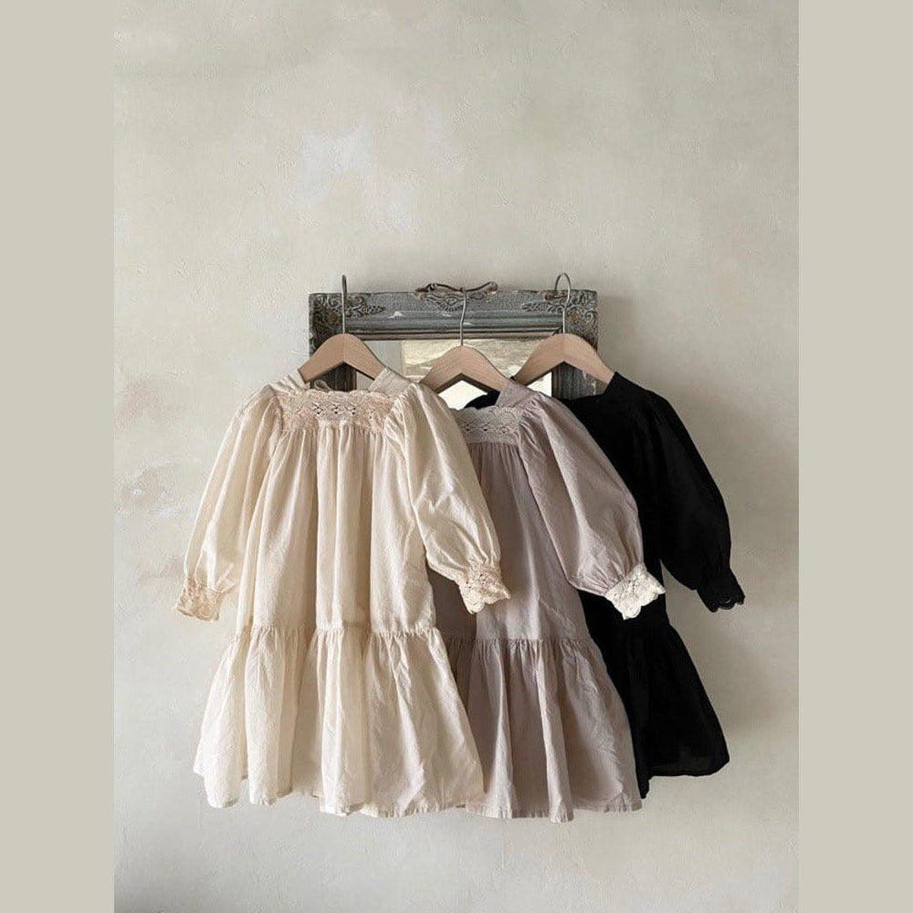MyKids-USA® Baby Girl Solid Color Lace Design Square Neck Long Sleeves Princess Dress