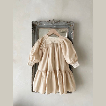 MyKids-USA® Baby Girl Solid Color Lace Design Square Neck Long Sleeves Princess Dress