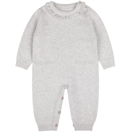 Baby Girl Solid Color Ruffle Collar Long Sleeves Knit Simple Jumpsuit