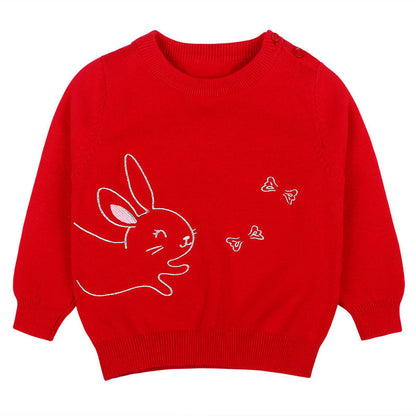 MyKids-USA® Baby Girl Cute Bunny Embroidery Graphic Solid Color O-Neck Sweater