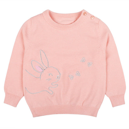 MyKids-USA® Baby Girl Cute Bunny Embroidery Graphic Solid Color O-Neck Sweater