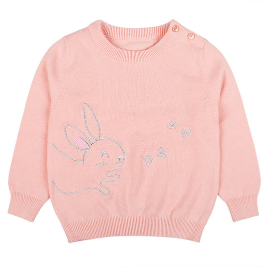Baby Girl Cute Bunny Embroidery Graphic Solid Color O-Neck Sweater