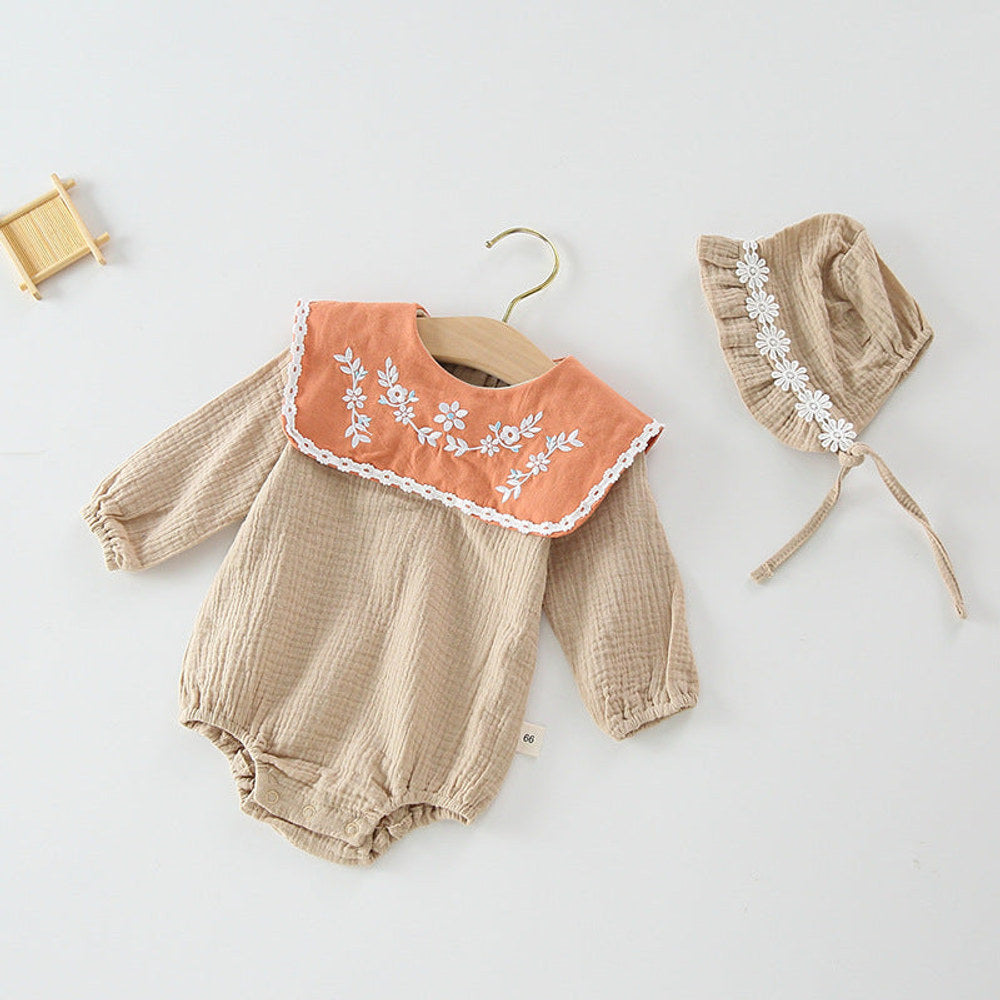 MyKids-USA® Baby Girl Floral Embroidery Pattern Long Sleeves Autumn Princess Bodysuit With Hat
